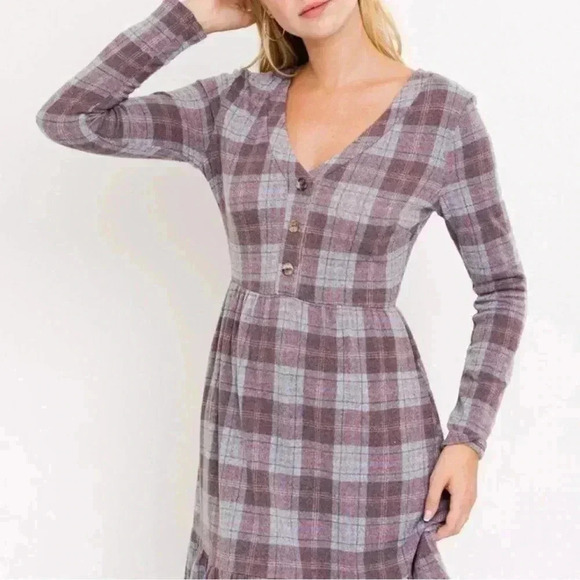 Womens Babydoll Long Sleeve Tiered Relaxed Dark Academia Plaid Peasant Dress 1X - Picture 5 of 10